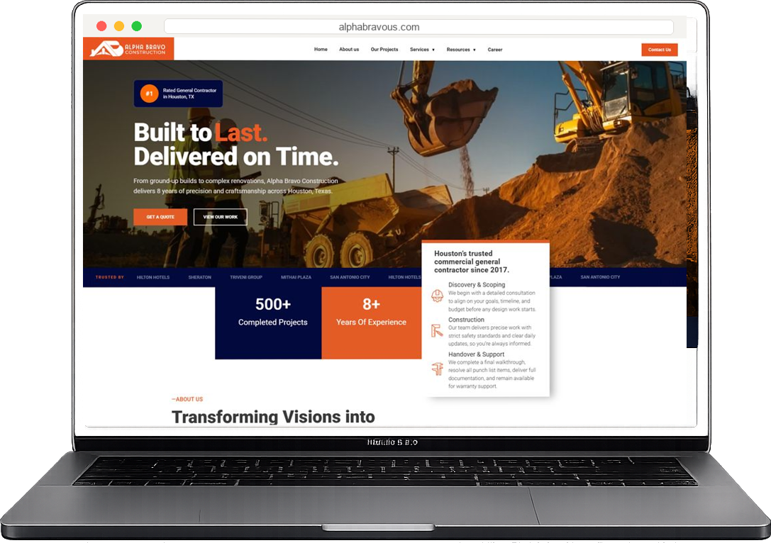 Alpha Bravo Construction website shown on a laptop